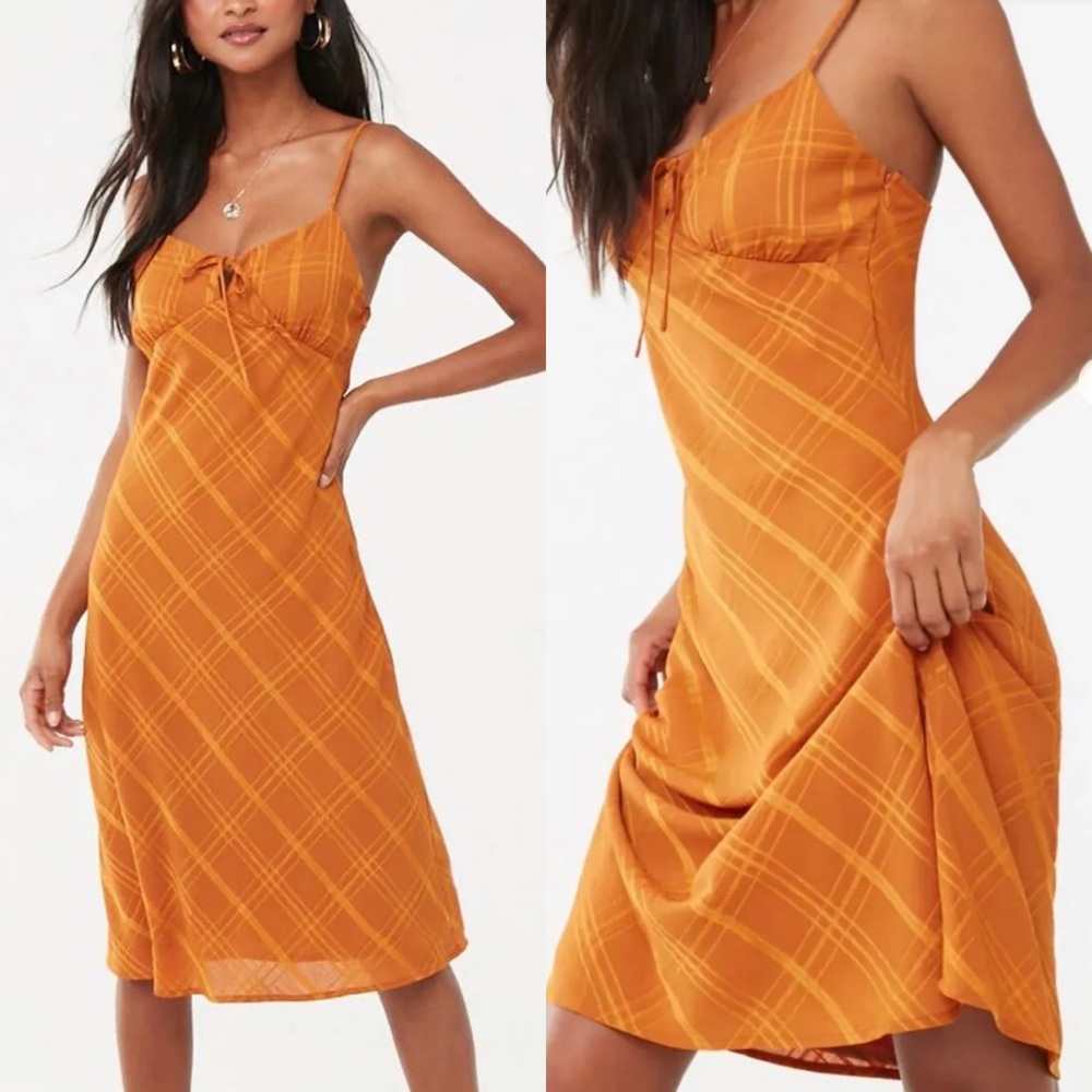 🧡 Forever 21 orange plaid midi slip dress